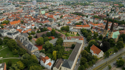 Aerial view around the old town of the city Bielefeld ona sunny day in spring