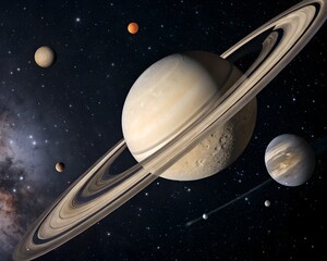Saturn planets in deep space with rings and moons surrounded.