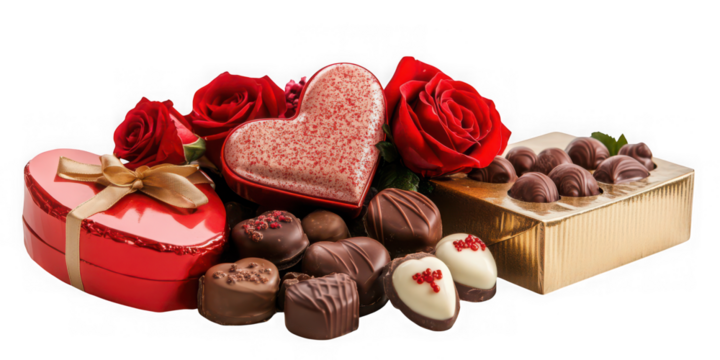 Valentine's Day Gifts: Red Roses, Chocolate, Heart-Shaped Box isolated on white png transparent background	