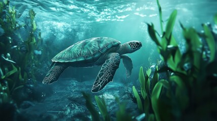 Fototapeta premium A tranquil sea turtle gracefully navigating the crystal-clear ocean waters