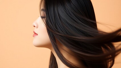 Fototapeta premium Profile of a young woman with long dark hair blowing in the wind