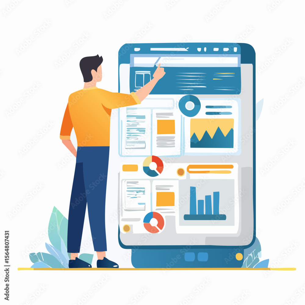 Poster man interacting with a large mobile phone display with business data analytics charts