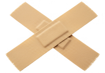 Two beige fabric bandages are crossed over each other isolated on transparent background