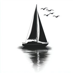 Sailboat gliding across calm waters at sunset with birds in the sky
