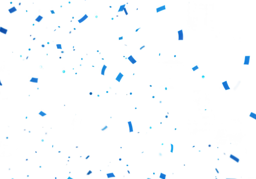 Blue confetti pieces are scattered across a white background isolated on transparent background