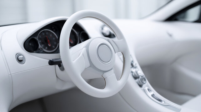 Futuristic steering wheel and control panel showcase innovative concept car design in bright studio lighting