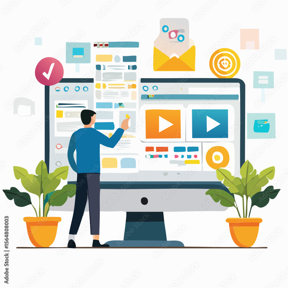 Poster a vector illustration of a person working on a computer with website elements