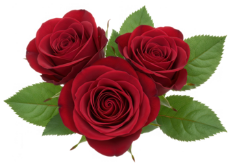 Three deep red roses with lush green leaves, isolated on transparent background