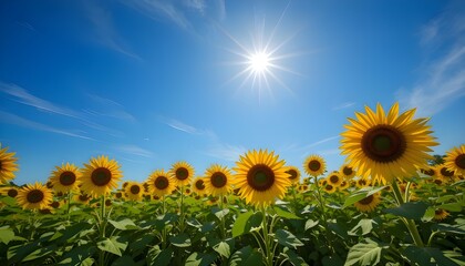 Obraz premium Field of sunflowers facing the sun with blue sky in the background