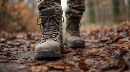 Warm autumn day features close-up of sturdy hunting boots navigating crunchy fallen leaves on a textured forest floor