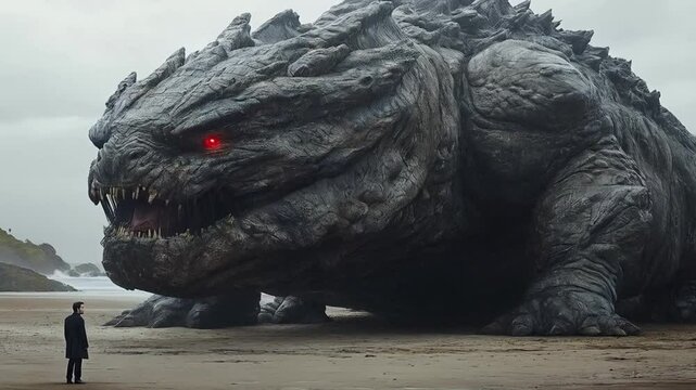 Giant Monster with Red Eyes Stares Down a Brave Human