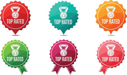 Obraz premium Six colorful top rated badges with thumbs up on a white background