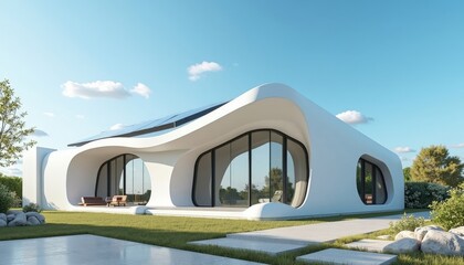 Modern White Curved Architectural House with Large Glass Windows in Sunny Outdoor Setting