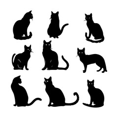 Cat Black Silhouettes Set Clipart on White Background