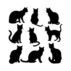 Cat Black Silhouettes Set Clipart on White Background