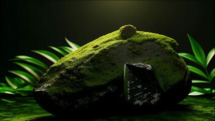 A moss-covered rock fragment with a shiny, cut gemstone sits on a water-like reflective surface.