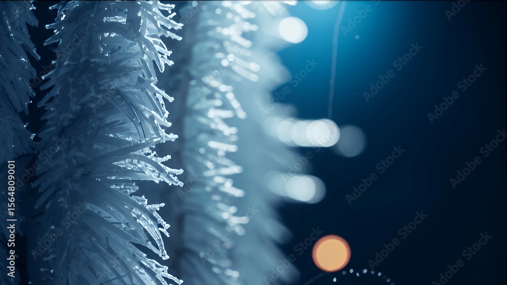 Poster a macro shot captures delicate white frosted branches against a deep blue bokeh background at night.