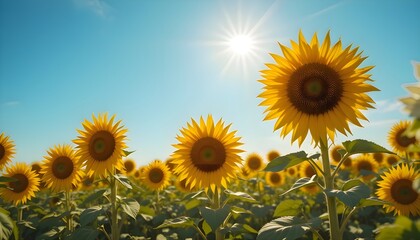 Obraz premium Field of sunflowers facing the sun with blue sky in the background