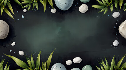 Calming watercolor spa border with smooth stones, bamboo, and green leaves. Perfect for wellness invitations, spa menus, and relaxation branding. Hand-painted natural design with blank center 