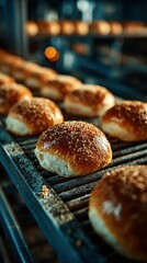 Freshly baked bread rolls cooling on a rack in a bakery during the early morning hours