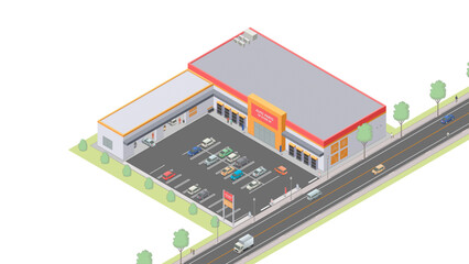 アイソメトリック図法で描いたカー用品店のイメージ / Auto parts store. Isometric illustration