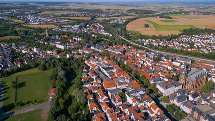 Aerial view of the old town of the city Friedberg 61169 in Germany on a sunny spring morning
