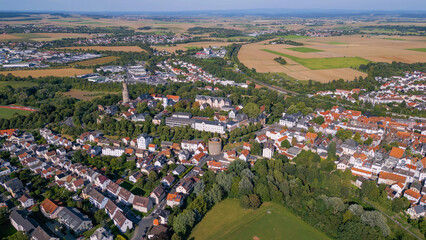 Aerial view of the old town of the city Friedberg 61169 in Germany on a sunny spring morning