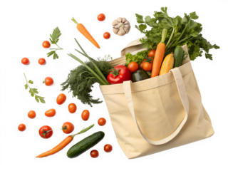 Reusable eco-friendly bag filled with fresh organic vegetables like carrots, tomatoes, cucumbers, and leafy greens, isolated on white background, symbolizing sustainable grocery shopping.