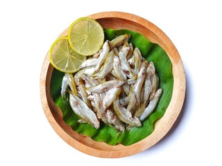 Fresh wader pari fish (Rasbora lateristriata) or spotted barb or common barb on banana leaf and...