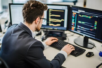 Broker making fast trades on keyboard in high-frequency trading environment.