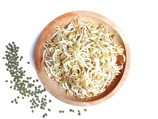 Mung bean sprouts in wooden plate with white background