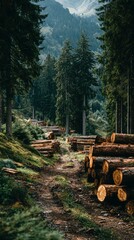 Log piles along a forest trail surrounded by tall trees and mountains in the background during daytime