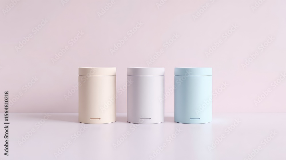 Poster pastel minimalism featuring three containers in light, subdued colors against a soft pink backdrop, 