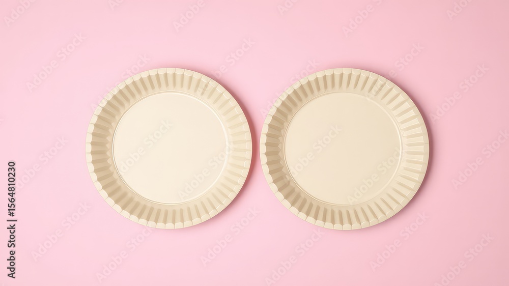Poster two disposable plates arranged side by side on a simple pink surface creating a clean and minimalist