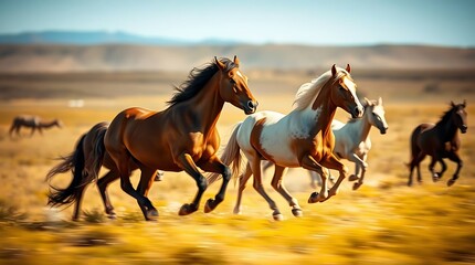 A dynamic scene of horses galloping across a golden field under a clear blue sky with distant mountains