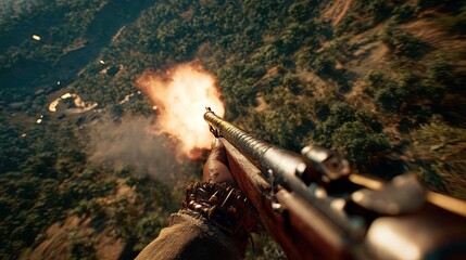 First-person shooter. Computer game about war. A screenshot of a video game