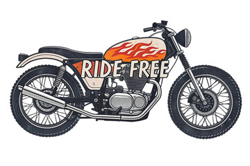 Obraz premium Ride Free Vintage Motorcycle Illustration, Custom Cafe Racer Design, Classic Bike Art Print
