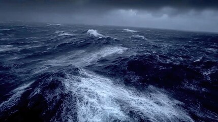 Rough sea waves, view from the deck. Challenging weather conditions. Open ocean during an extremely stormy day