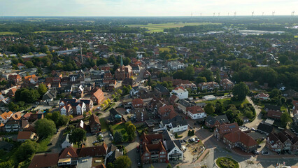 Aerial view of the old town of the city Friesoythe in Germany on an overcast day in morning