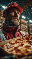 Worker in warm clothing holding a pizza box in snowy weather inside a warehouse during evening hours