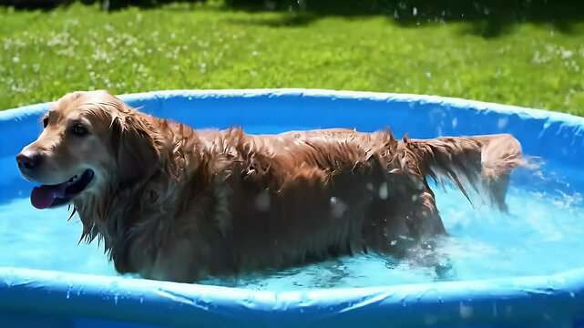 Retriever dog splashes in a bright blue kiddie pool outdoors