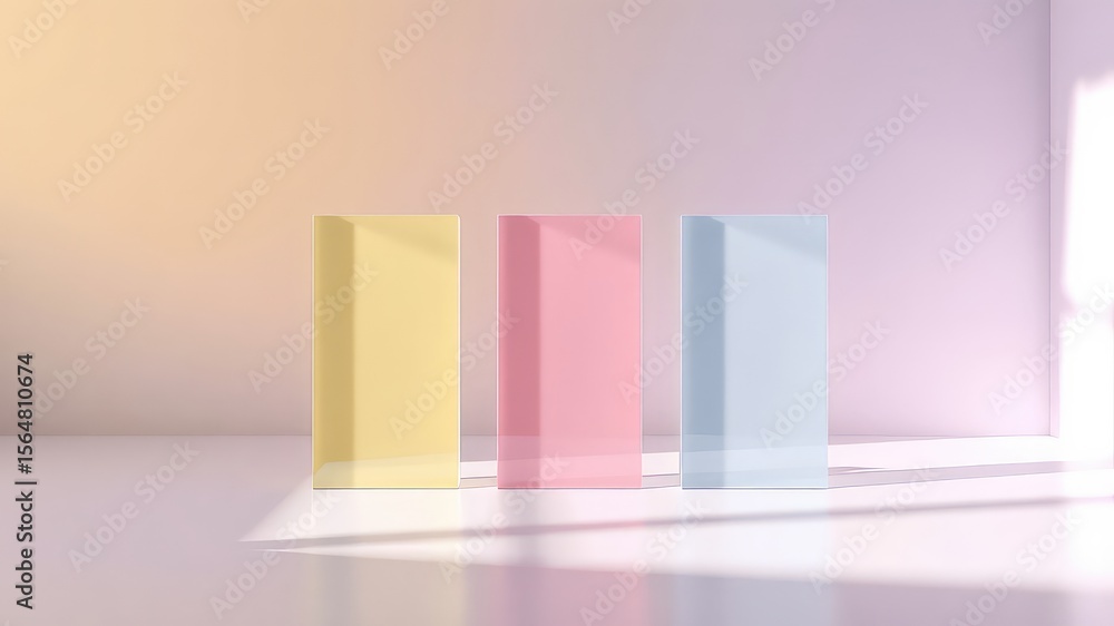 Fototapete pastel colored translucent rectangles catching soft sunlight in a simple, clean modern setting provi