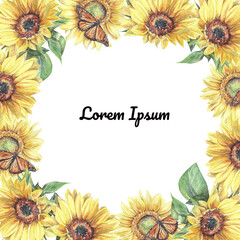 Obraz premium Frame of watercolor sunflowers and butterflies