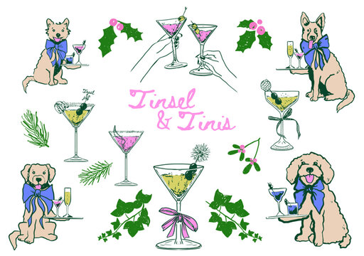 Set of Christmas dog and Martini drink illustrations, Hand drawn Bartender dogs with Tinsels and Mistletoe branches, Christmas Dog Doodle illustrations for party invitations and drink menus
