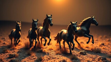 A group of five horses running through a dry field under a bright sky at sunset in a scenic landscape