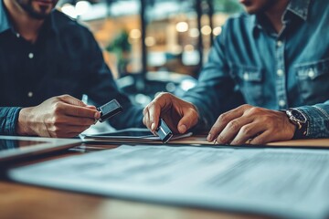 Car rental service concept: Close-up view of agent handing car keys to a client at the rental office, Generative AI