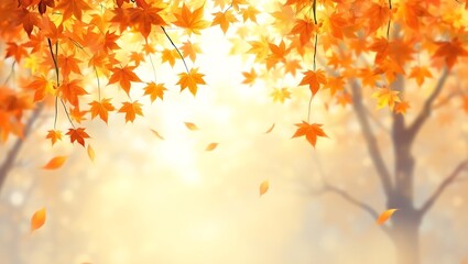 Vibrant orange maple leaves falling gently in soft golden autumn sunlight