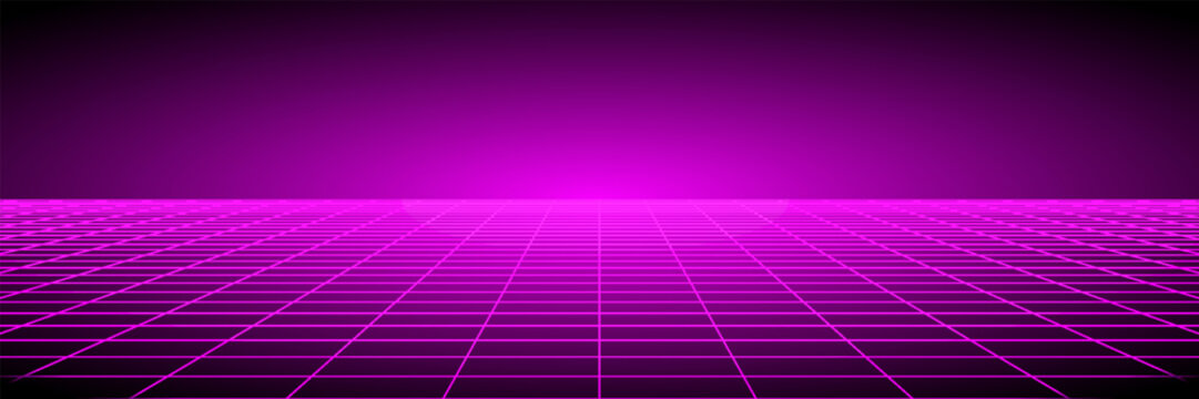 Glowing neon wireframe background. Pink shining checkered grid planes in perspective. Bright retro futuristic horizon wallpaper. Arcade game sci fi matrix surface. Vector backdrop for poster, banner