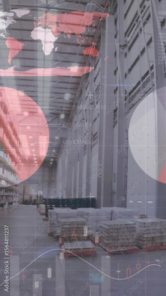 Poster animation of data processing over empty warehouse