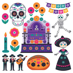 Naklejka premium 2d vector Mexico festival Day of the Dead Culture and traditions decorations a skull, candle. 